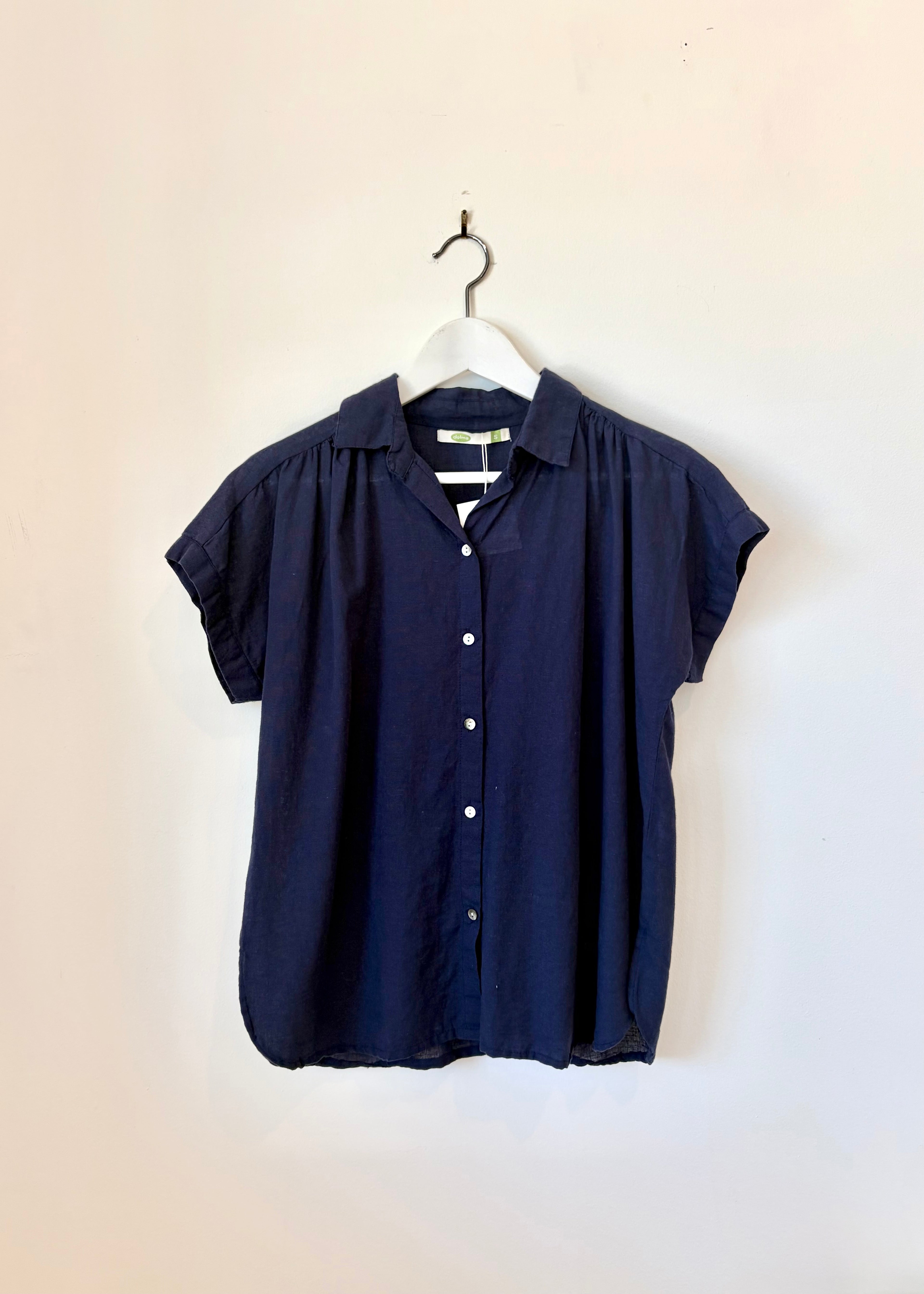 Shirred Navy Short Sleeve Button-Up Shirt