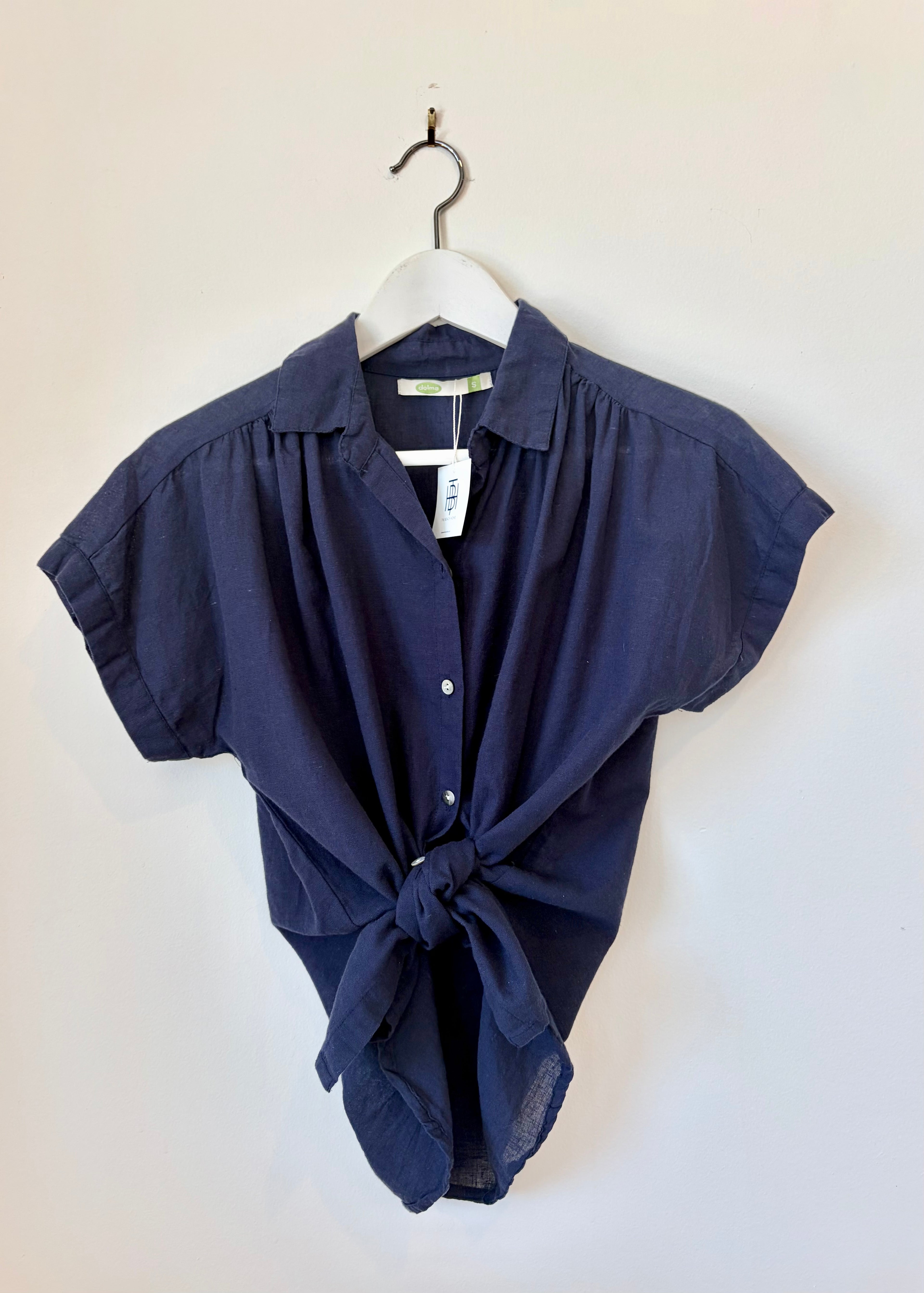 Shirred Navy Short Sleeve Button-Up Shirt