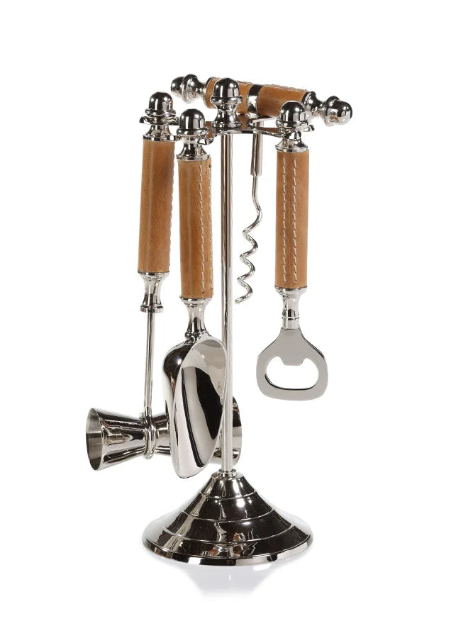 Polished Nickel and Leather Bar Tool Set
