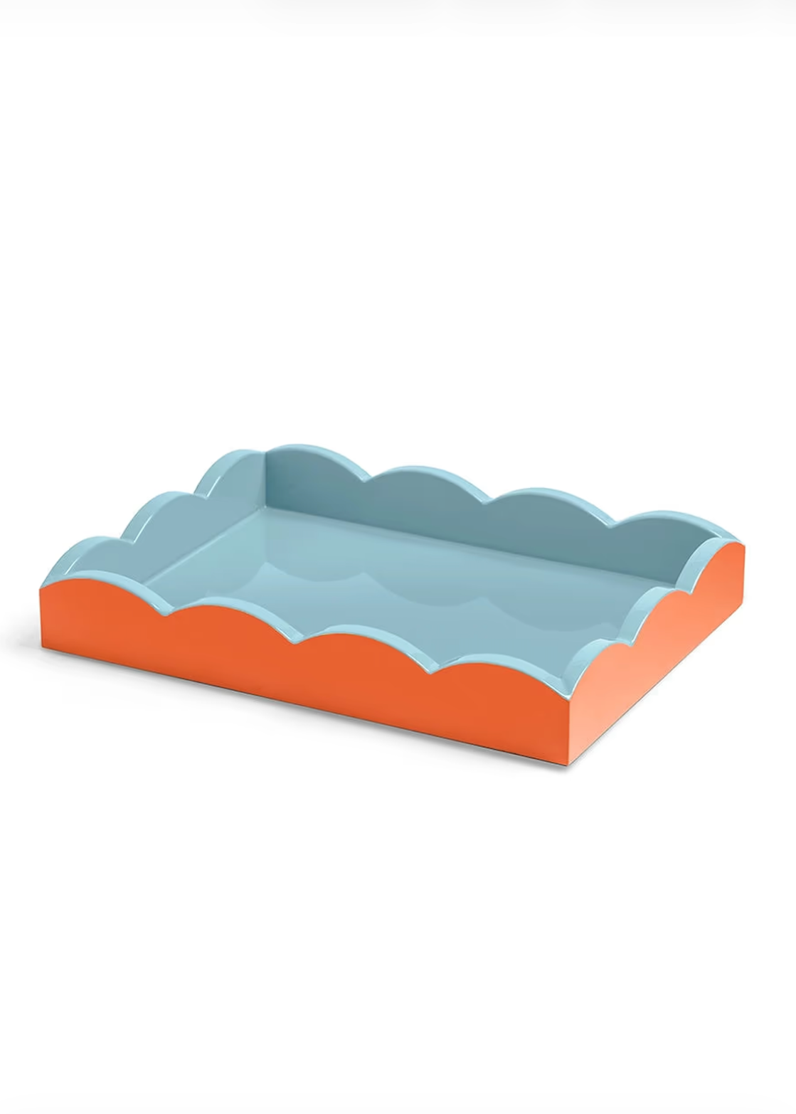 Scalloped Rectangular Lacquered Orange and Chambray Tray
