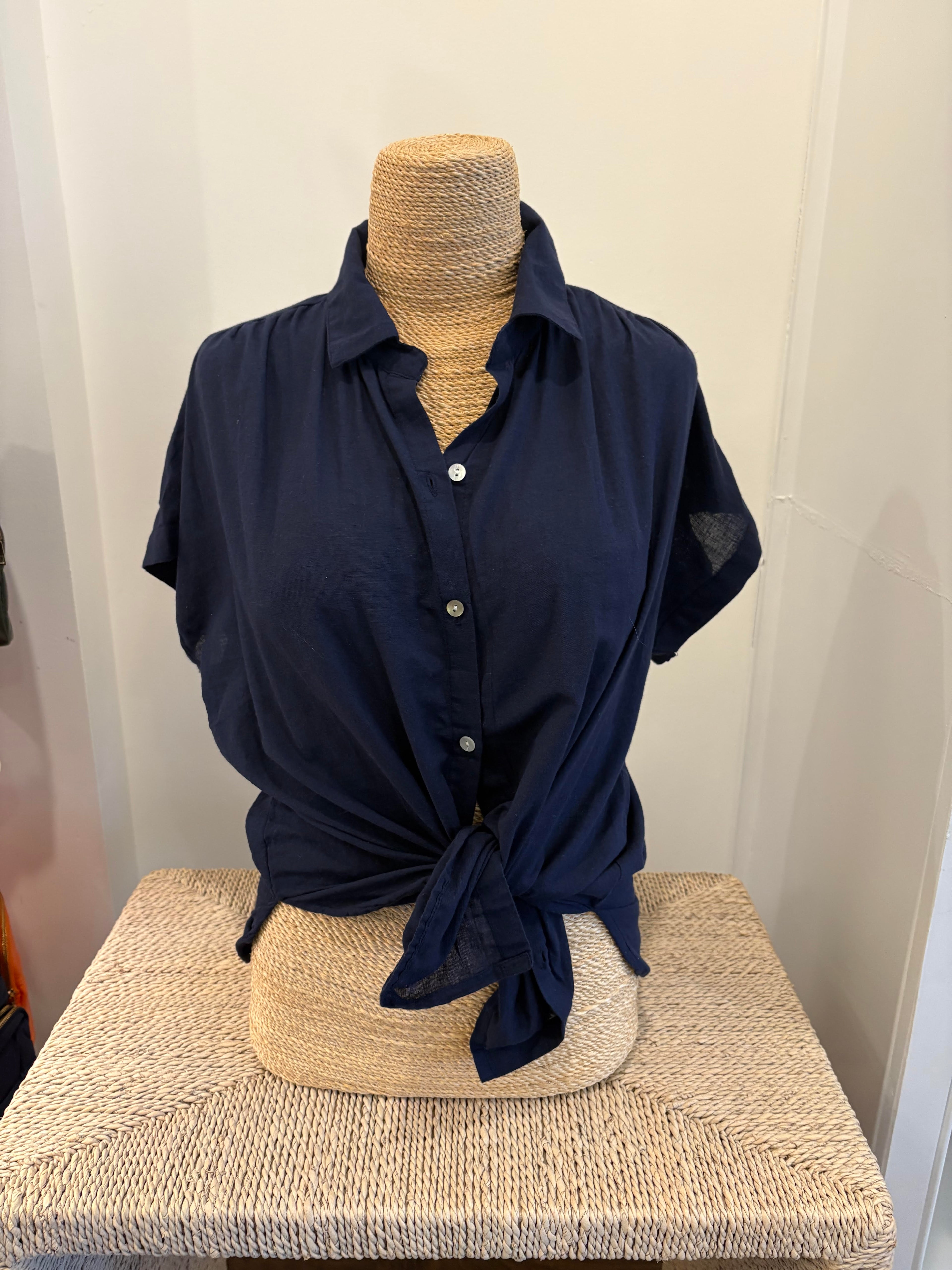 Shirred Navy Short Sleeve Button-Up Shirt